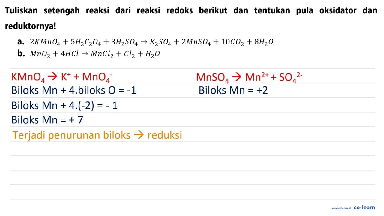 Tuliskan setengah reaksi dari reaksi redoks berikut dan