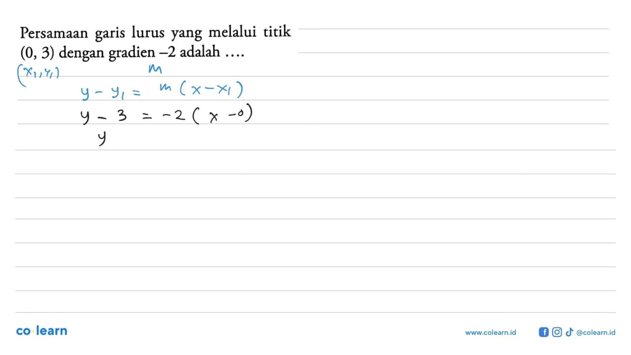 Persamaan garis lurus yang melalui titik (0, 3) dengan