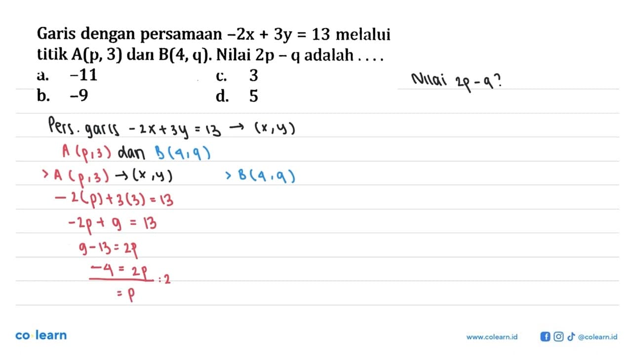 Garis dengan persamaan -2x+3y=13 melalui titik A(p, 3) dan