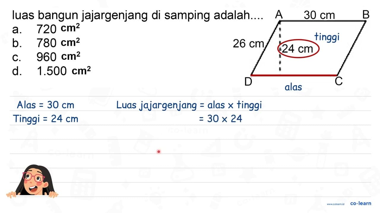 luas bangun jajargenjang di samping adalah a. 720 b. 780 c.