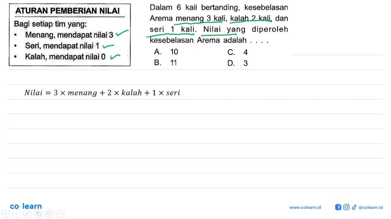 ATURAN PEMBERIAN NILAI Bagi setiap tim yang: Menang,