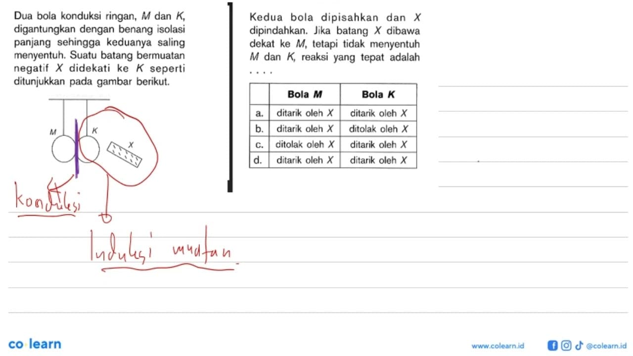 Dua bola konduksi ringan, M dan K,Kedua bola dipisahkan dan