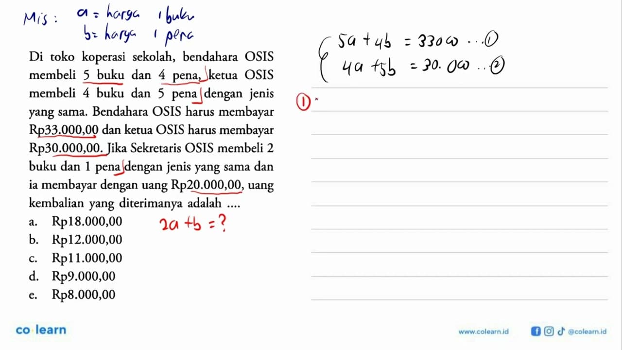 Di toko koperasi sekolah, bendahara OSIS membeli 5 buku dan