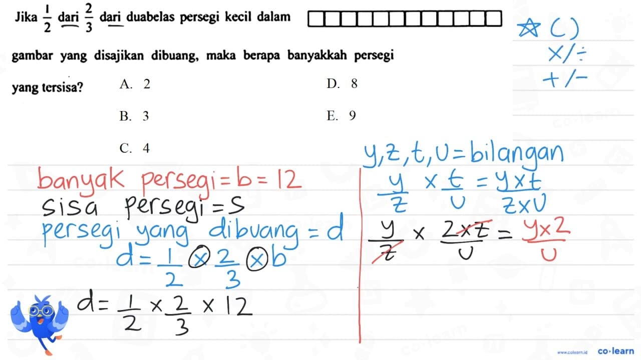 Jika 1/2 dari 2/3 dua belas persegi kecil dalam gambar yang