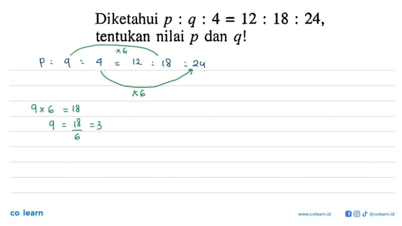 Diketahui p:q:4=12:18:24 tentukan nilai p dan q !