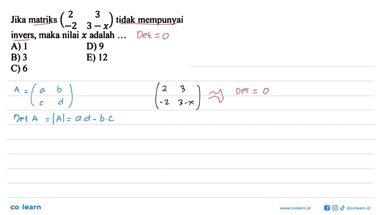 Jika matriks (2 3 -2 3-x) tidak mempunyai invers, maka