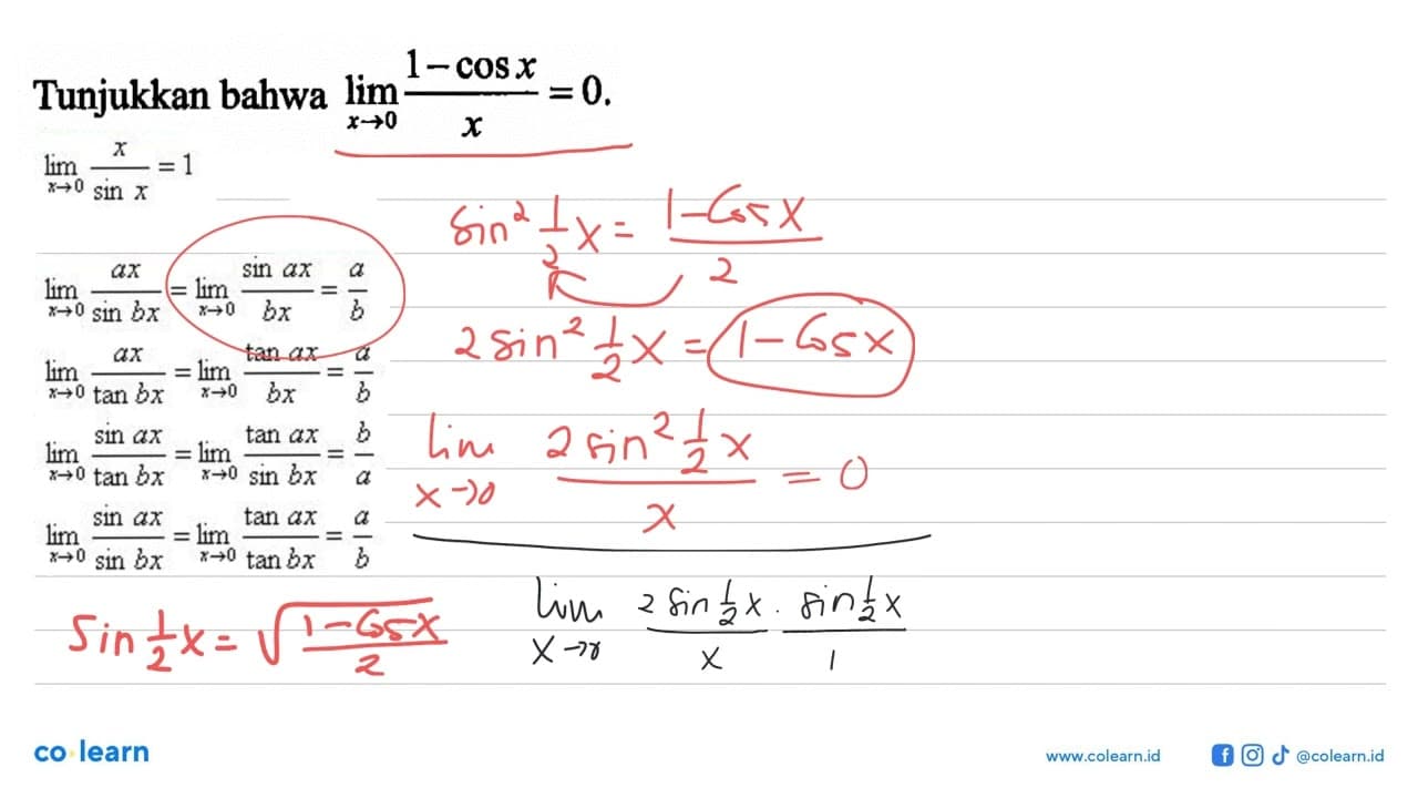 Tunjukkan bahwa lim x -> 0 (1-cos x)/x = 0.