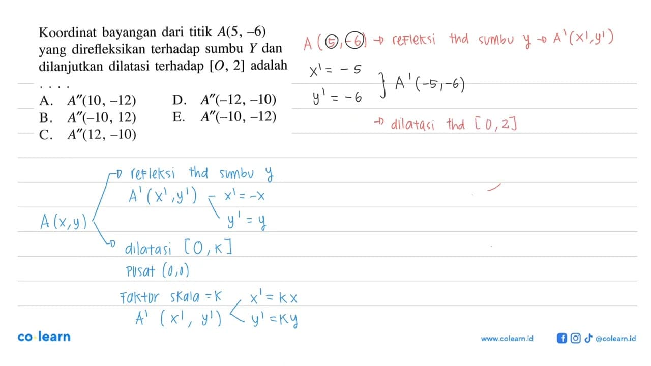 Koordinat bayangan dari titik A(5, -6) yang direfleksikan