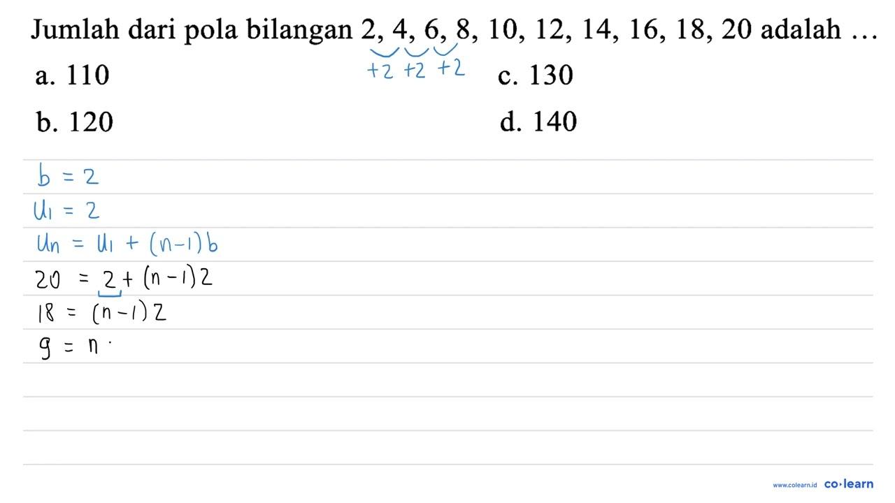 Jumlah dari pola bilangan 2,4,6,8,10,12,14,16,18,20 adalah