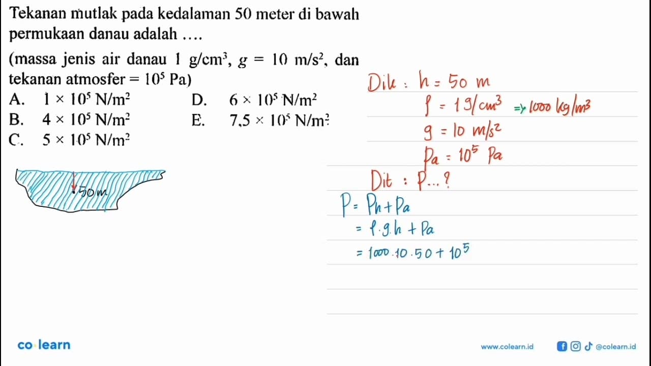 Tekanan mutlak pada kedalaman 50 meter di bawah permukaan