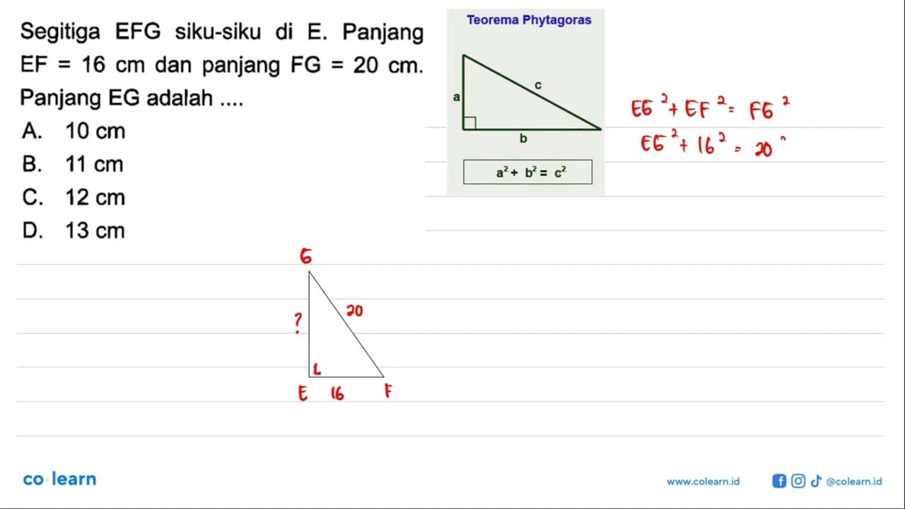 Segitiga EFG siku-siku di E. Panjang EF=16 cm dan panjang