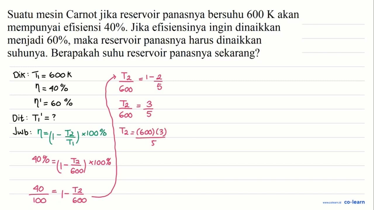 Suatu mesin Carnot jika reservoir panasnya bersuhu 600 K