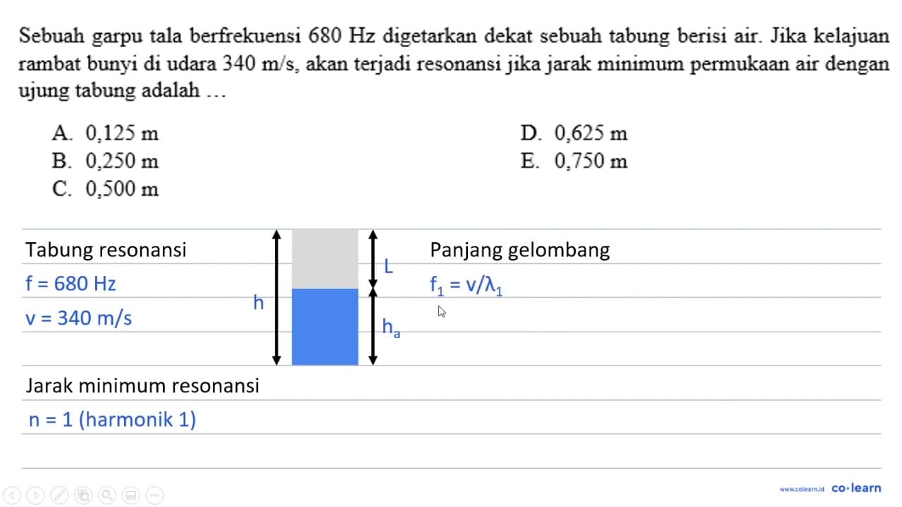 Sebuah garpu tala berfrekuensi 680 Hz digetarkan dekat