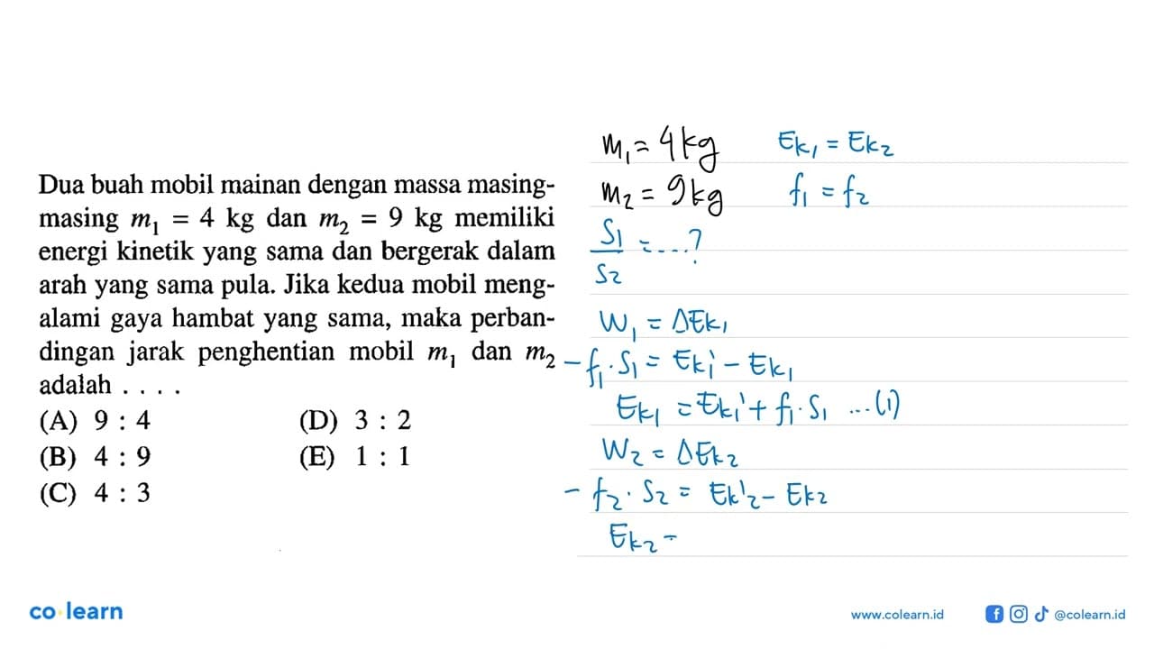 Dua buah mobil mainan dengan massa masing-masing m1 = 4 kg