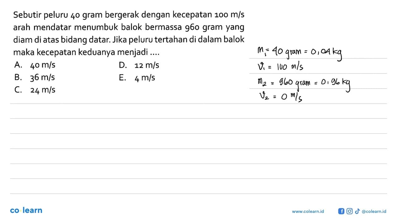 Sebutir peluru 40 gram bergerak dengan kecepatan 100 m/s