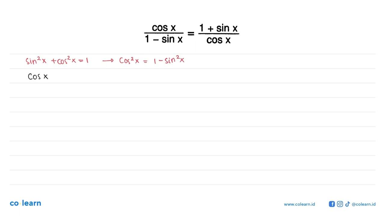 cos x/(1-sin x)=(1+sin x)/cos x