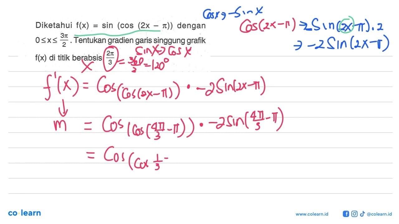 Diketahui f(x)=sin(cos(2x-pi)) dengan 0<=x<=3pi/2. Tentukan