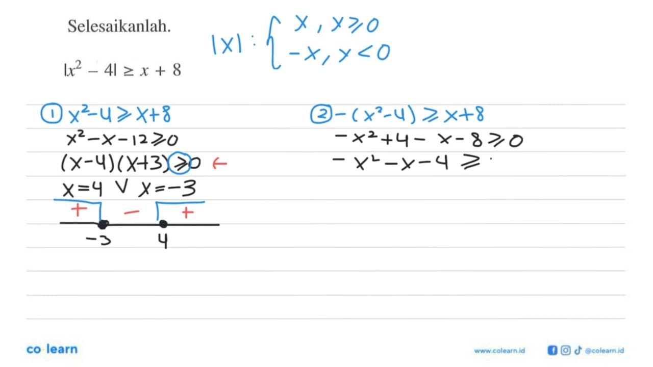 Selesaikanlah. |x^2-4|>=x+8