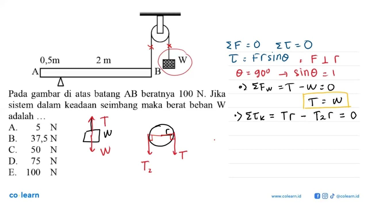 Pada gambar di atas batang AB beratnya 100 N. Jika sistem