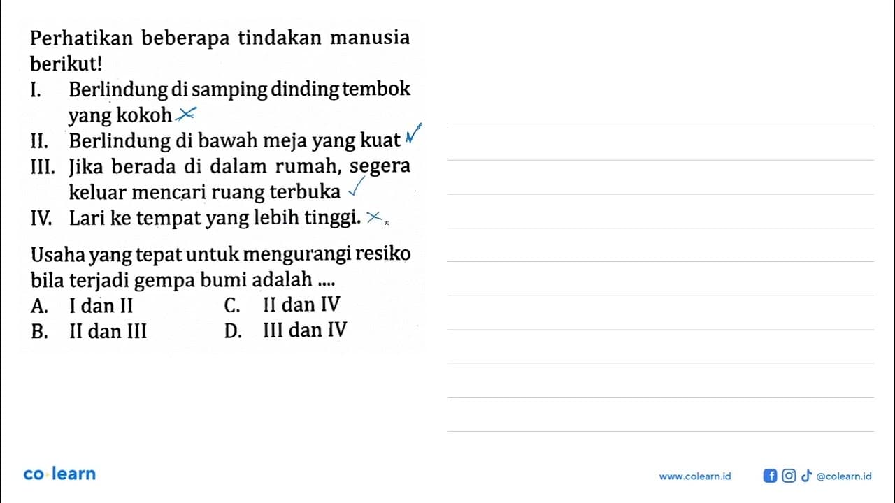 Perhatikan beberapa tindakan manusia berikut! I. Berlindung