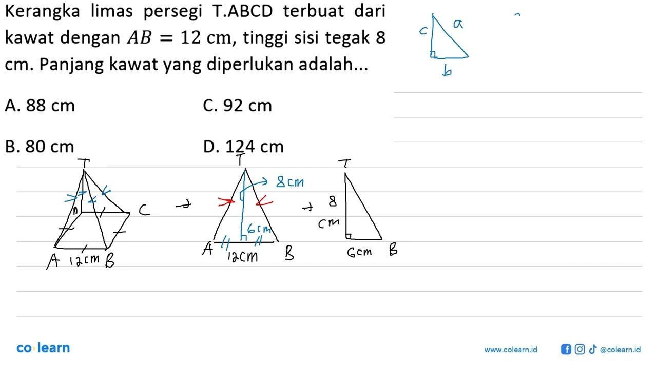 Kerangka limas persegi T.ABCD terbuat dari kawat dengan