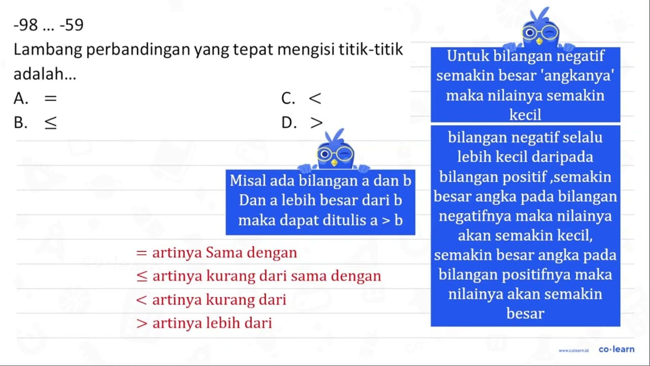 -98 ...-59 Lambang perbandingan yang tepat mengisi