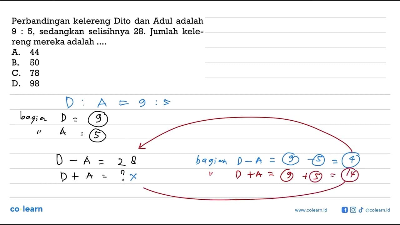 Perbandingan kelereng Dito dan Adul adalah 9:5, sedangkan