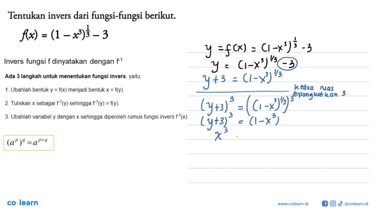 Tentukan invers dari fungsi-fungsi berikut.f(x)=(1-x^3)^1/3