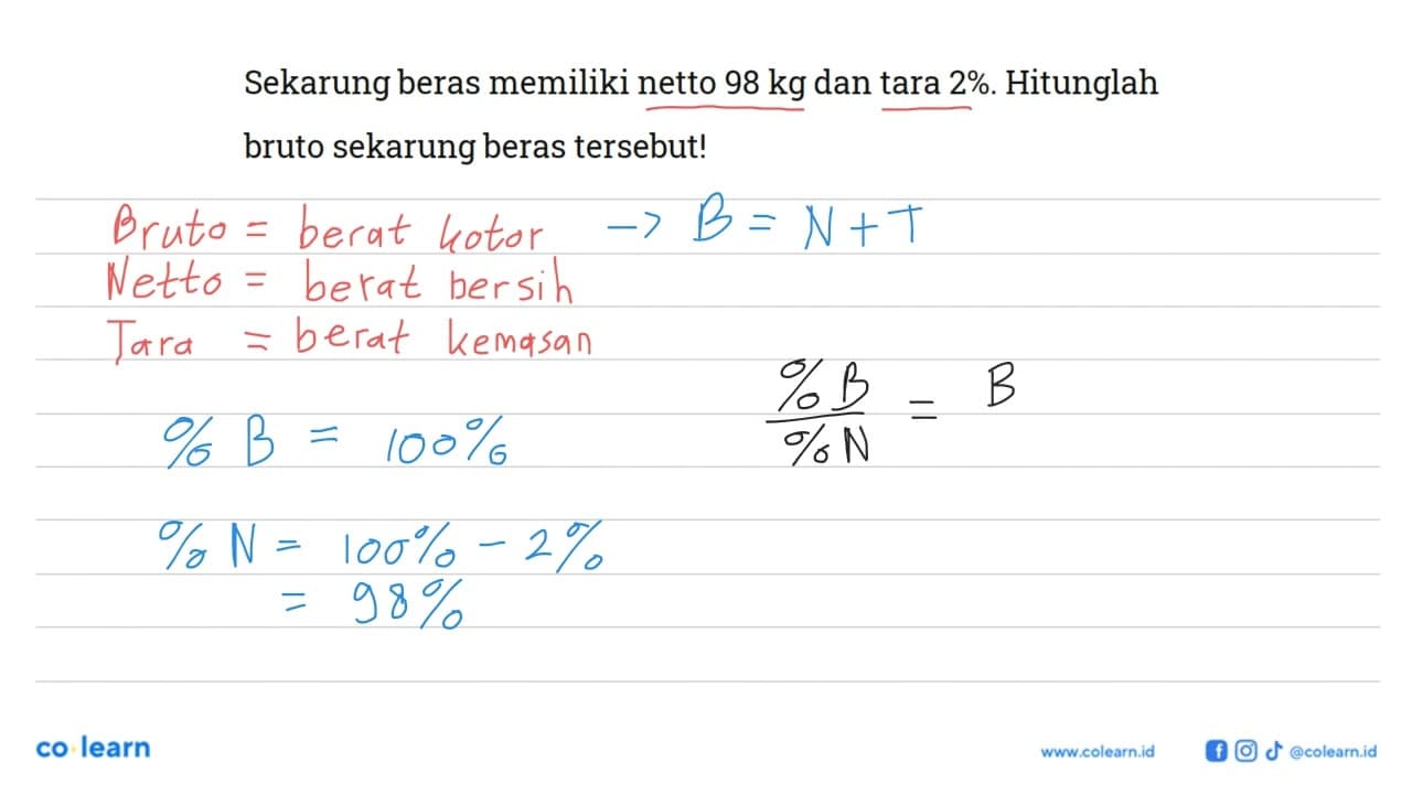 Sekarung beras memiliki netto 98 kg dan tara 2%. Hitunglah