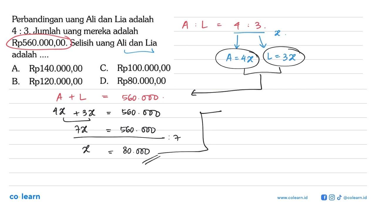 Perbandingan uang Ali dan Lia adalah 4: 3 . Jumlah uang