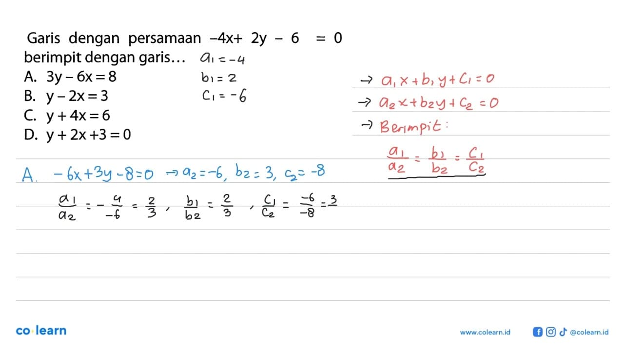 Garis dengan persamaan -4x + 2y - 6 = 0 berimpit dengan