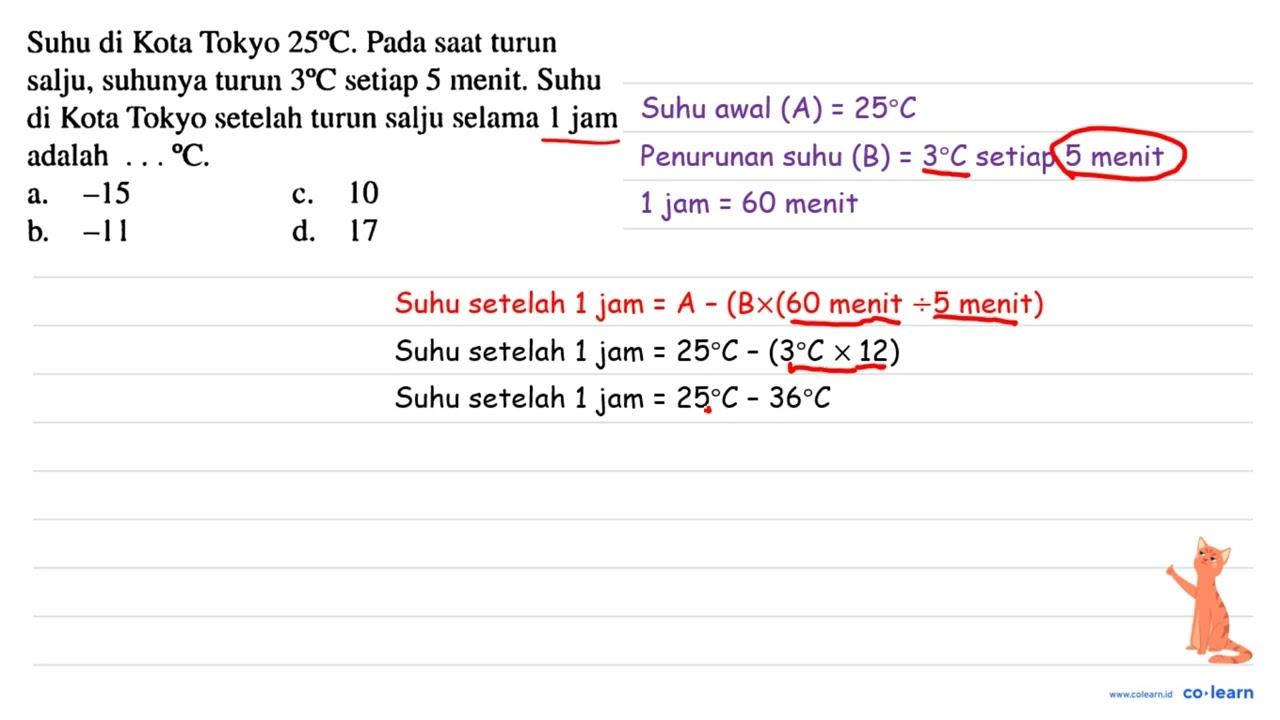 Suhu di Kota Tokyo 25 C . Pada saat turun salju, suhunya