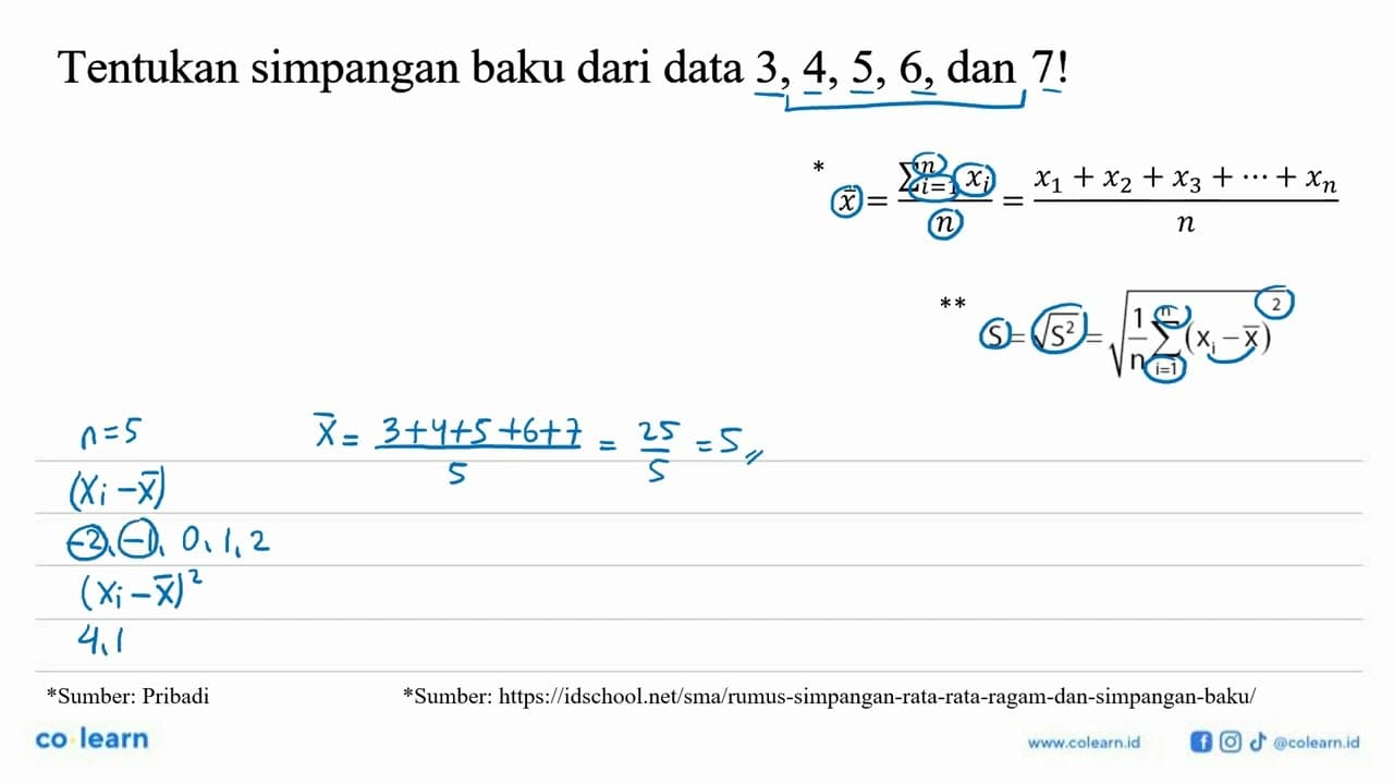 Tentukan simpangan baku dari data 3, 4, 5, 6, dan 7!