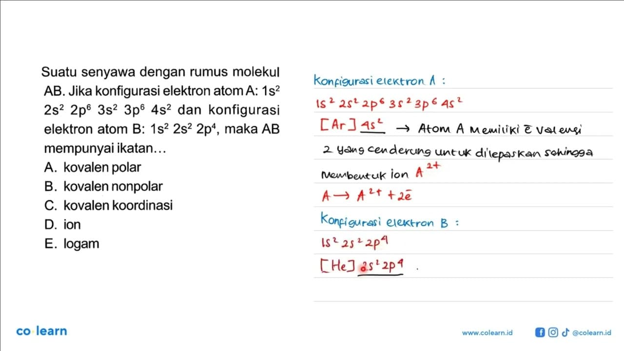 Suatu senyawa dengan rumus molekul AB. Jika konfigurasi