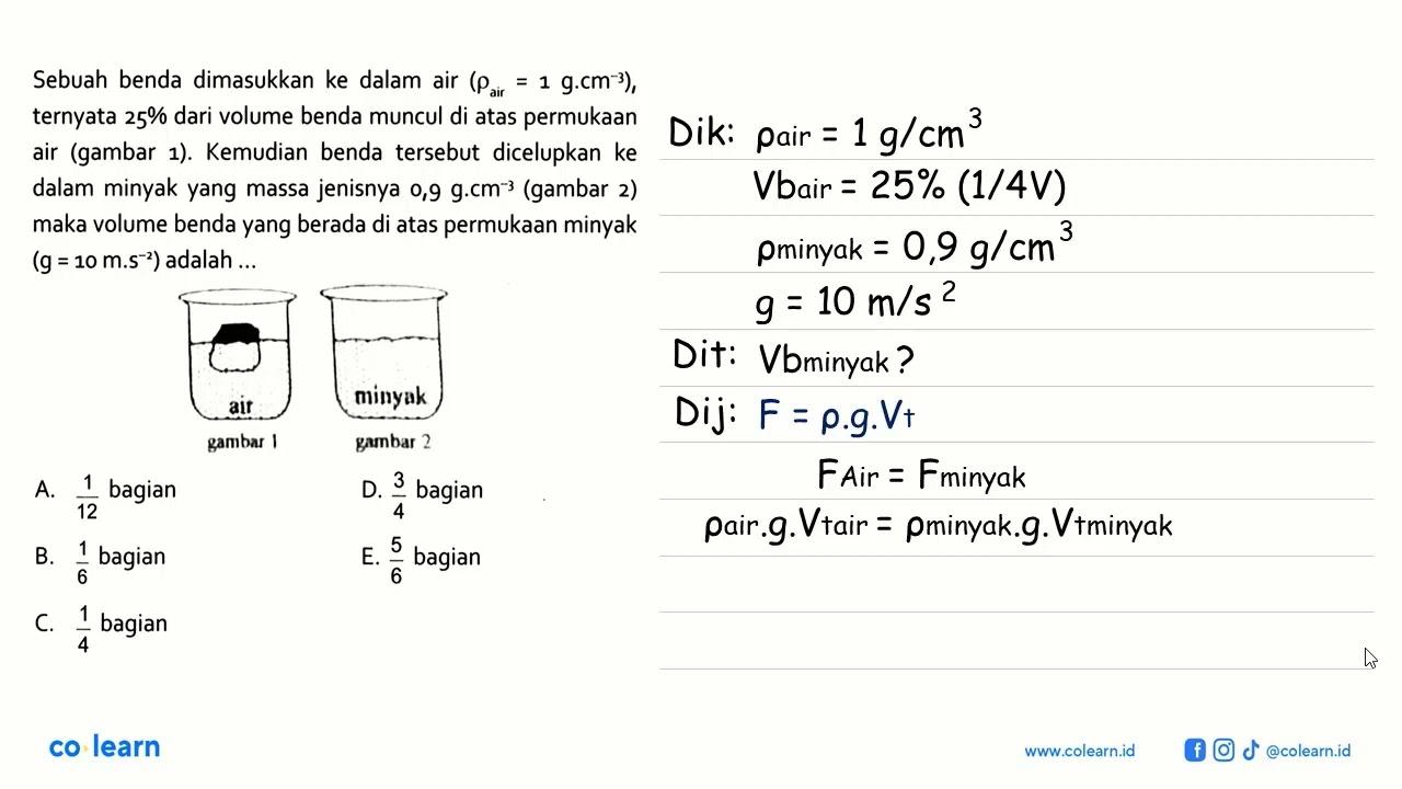 Sebuah benda dimasukkan ke dalam air (rho air =1.g.cm^-3) ,