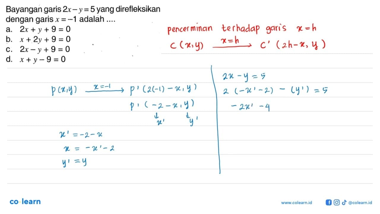 Bayangan garis 2x-y=5 yang direfleksikan dengan garis x=-1