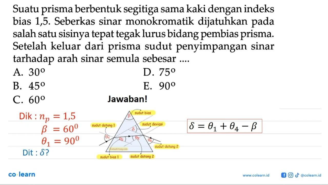 Suatu prisma berbentuk segitiga sama kaki dengan indeks