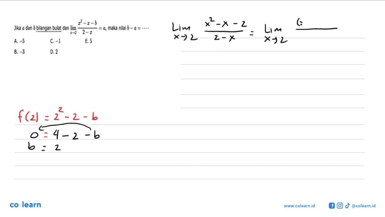 Jika a dan b bilangan bulat dan lim x->2 (x^2-x-b)/(2-x)=a,