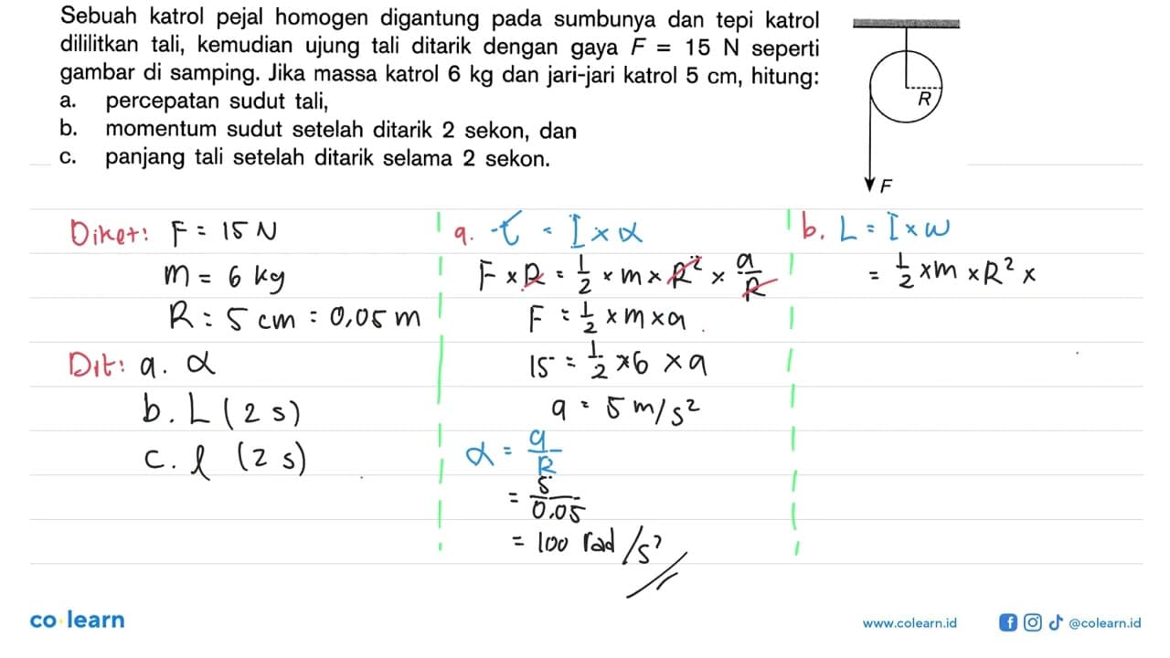 Sebuah katrol pejal homogen digantung pada sumbunya dan