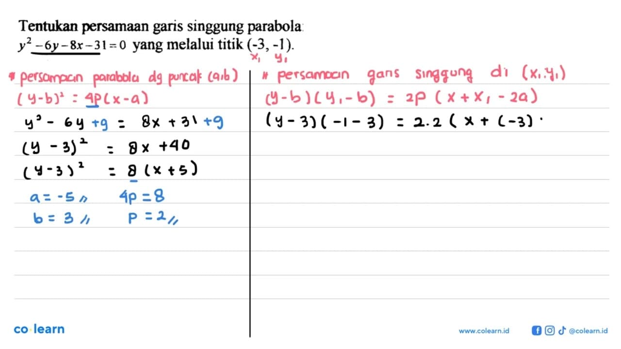 Tentukan persamaan garis singgung parabola y^2-6 y-8 x-31=0