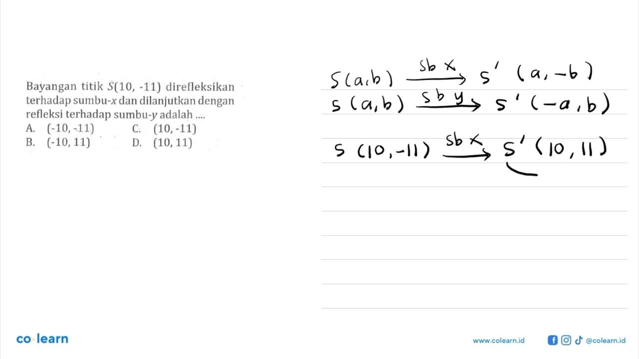 Bayangan titik S(10,-11) direfleksikan terhadap sumbu-x dan