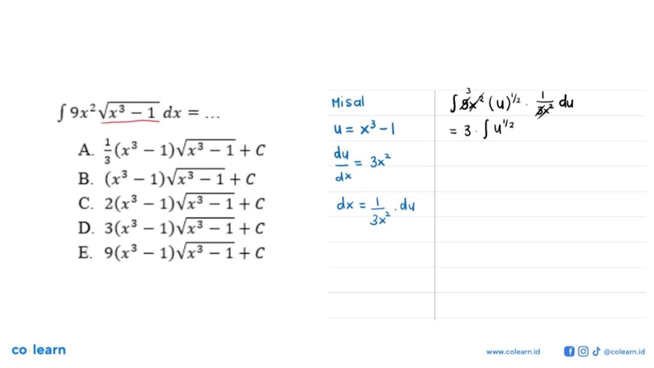 integral 9 x^2 akar(x^3 -1)dx=...