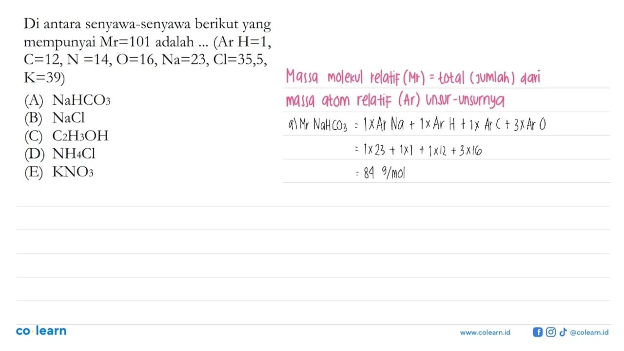 Di antara senyawa-senyawa berikut yang mempunyai Mr=101