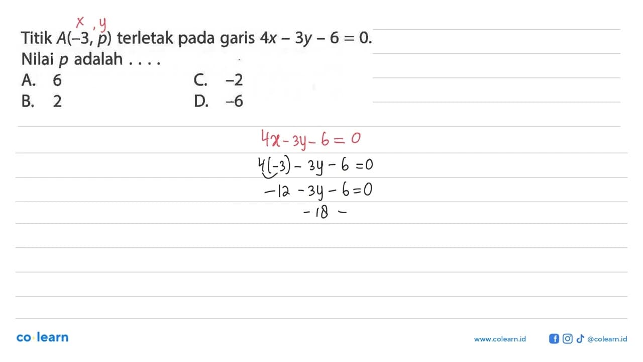 Titik A(-3, p) terletak pada garis 4x - 3y - 6 = 0. Nilai p