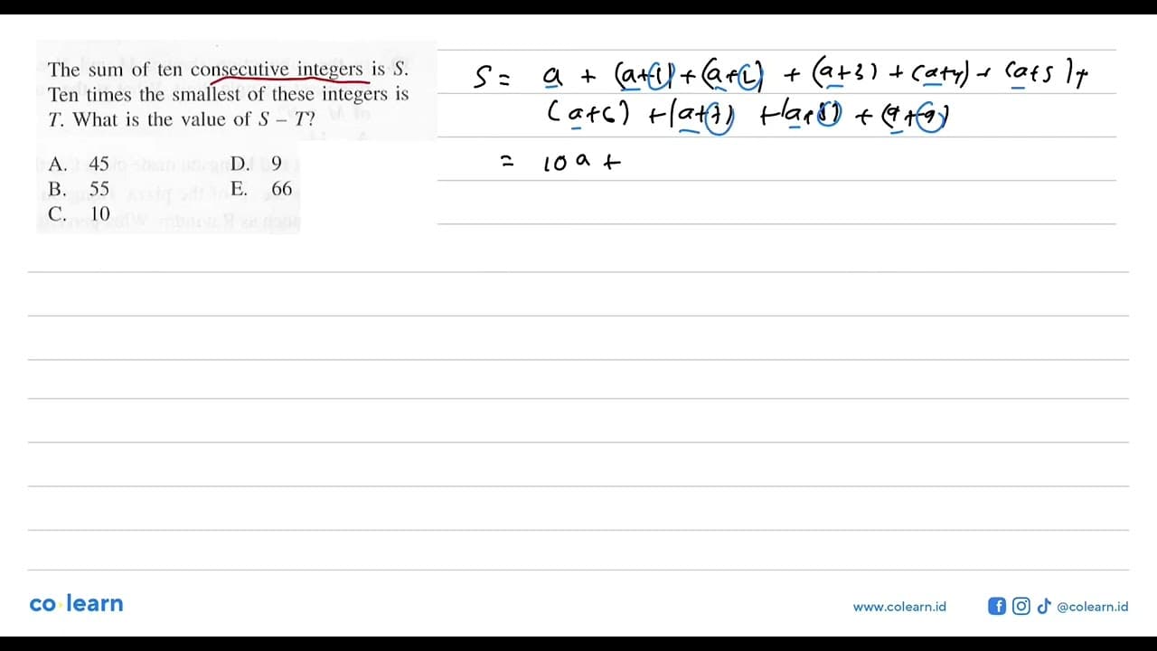 The sum of ten consecutive integers is S. Ten times the