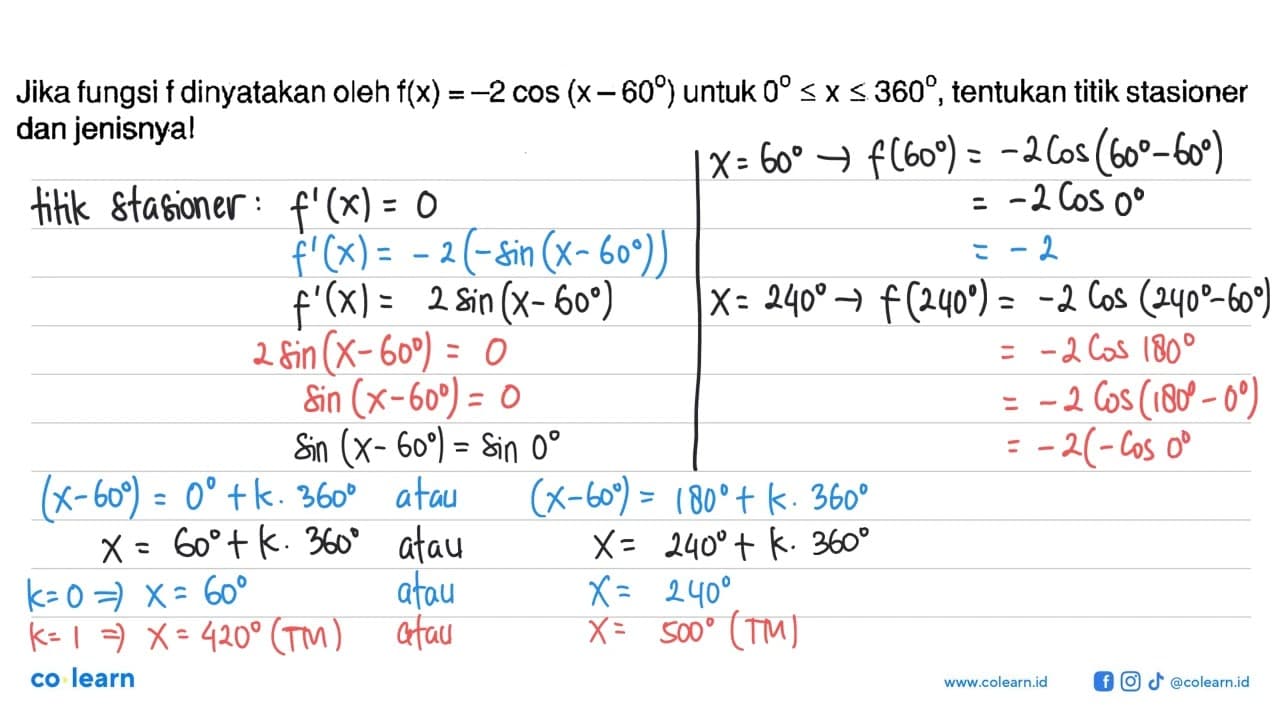 Jika fungsi f dinyatakan oleh f(x)=-2cos(x-60) untuk