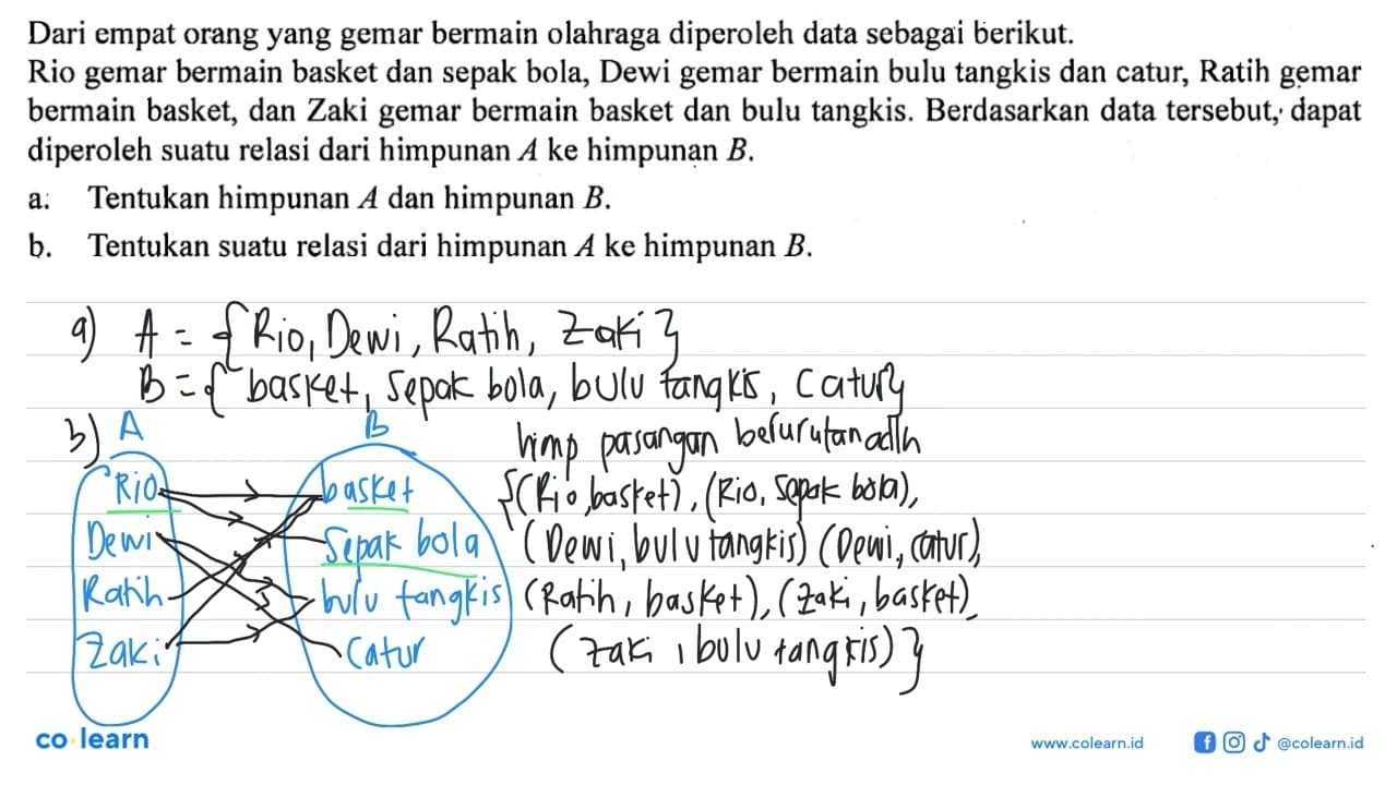 Dari empat orang yang gemar bermain olahraga diperoleh data