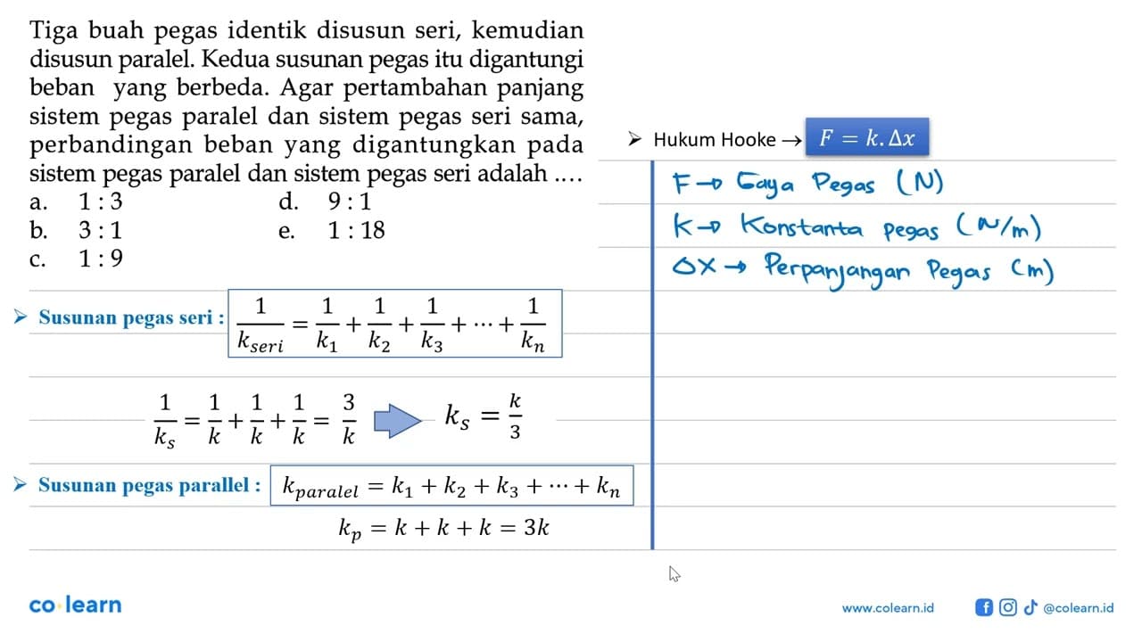 Tiga buah pegas identik disusun seri, kemudian disusun