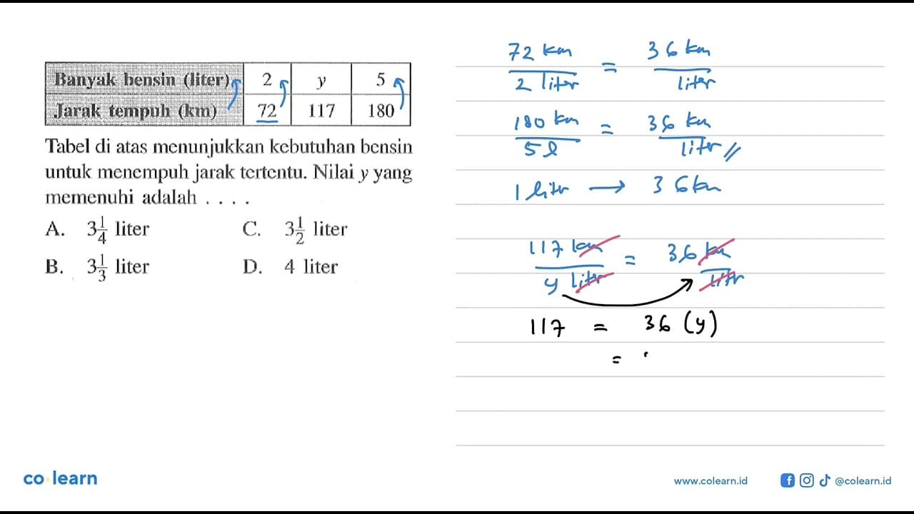 Banyak bensin (liter) 2 y 5Jarak tempuh (km) 72 117