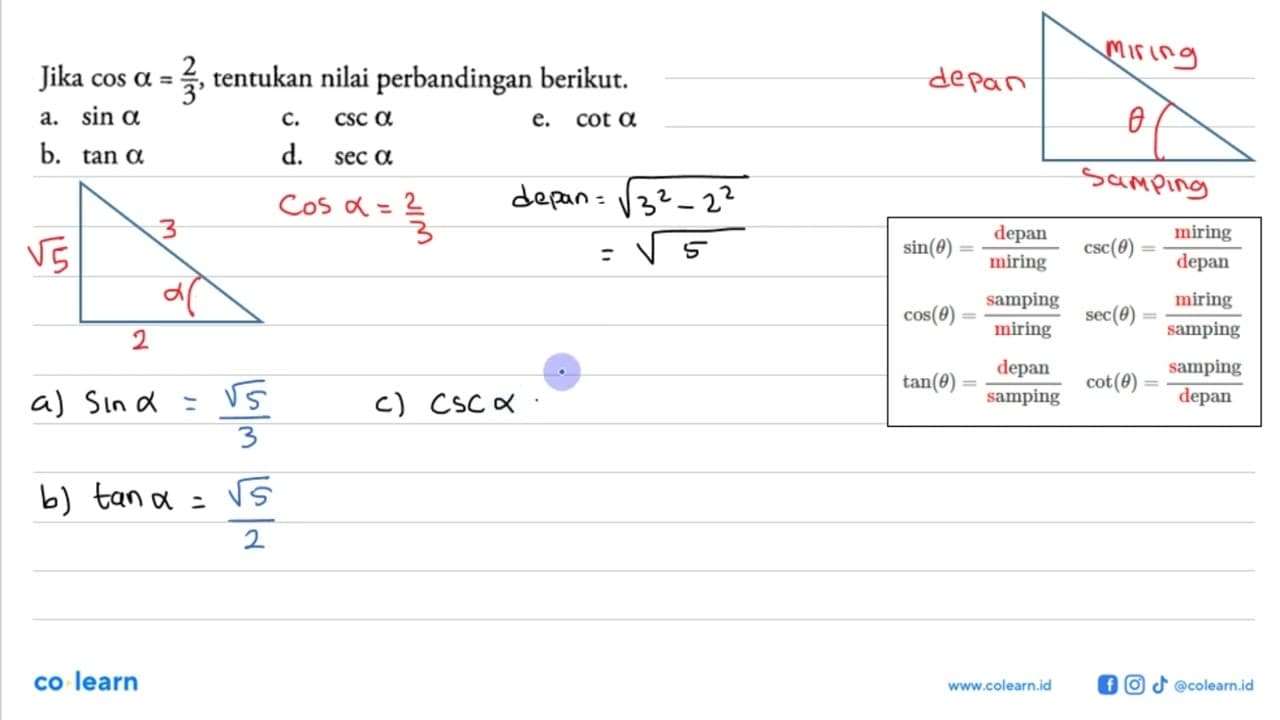 Jika cos a=2/3, tentukan nilai perbandingan berikut.a. sin